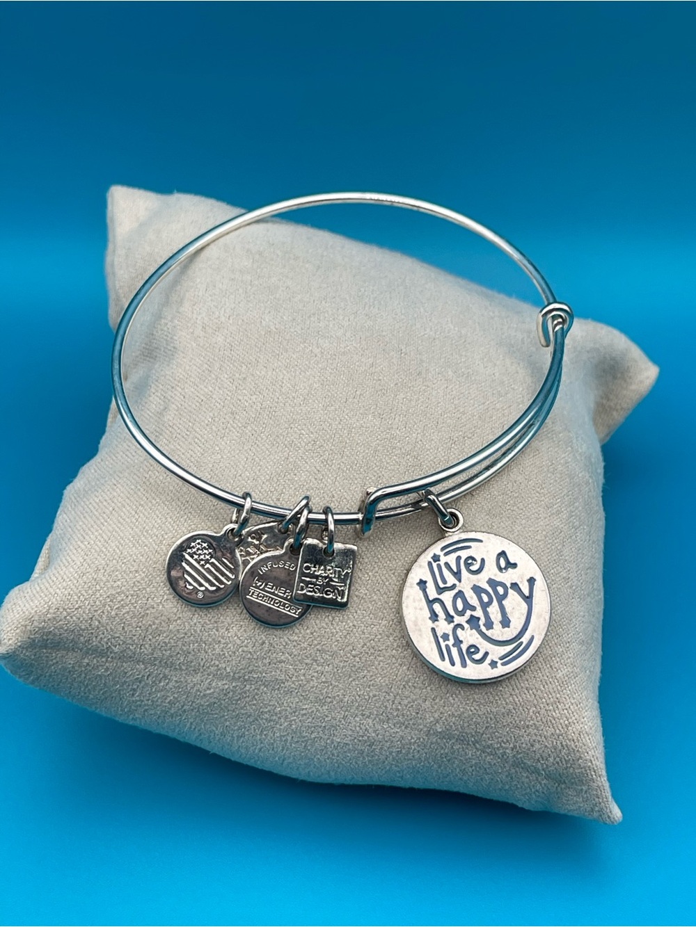 Alex and Ani Silver Tone 'Live a Happy Life' Charm Bangle Bracelet